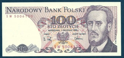 1988 r. Banknot 100 zł Seria SW. UNC