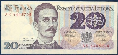 1982 r. Banknot 20 zł Seria AK. UNC