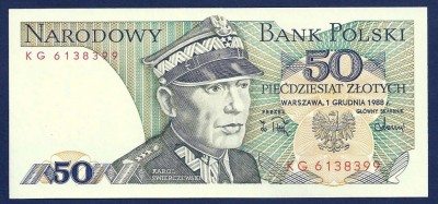 1988 r. Banknot 50 zł Świerczewski Seria KG UNC