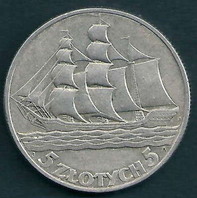 1936 r. 5 zł. Żaglowiec.