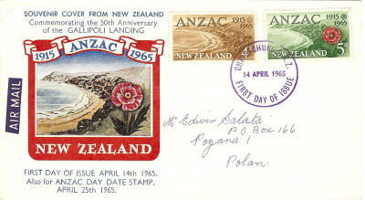 New Zealand FDC 1965 Sc 368-369 Mi 437-438 ANZAC
