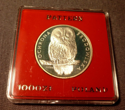 Unikat moneta pr&oacute;ba 1000 zł Ochrona środowiska Sowa 1986r