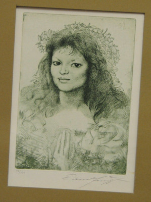 Ernst Fuchs akwaforta "Dziewczyna z kwiatami we włosach"