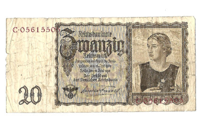 Niemcy - III Rzesza - BANKNOT - 20 Marek 1939 (56)