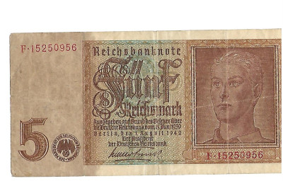 BANKNOT NIEMCY -- 5 REICHSMARK -- 1942 r  (65)