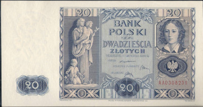 1936 r Banknot  20 złotych Seria AA 0308251 UNC