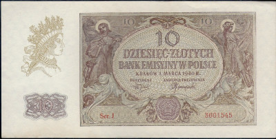 1940 r. Banknot 10 zł Seria J 3601545 UNC-