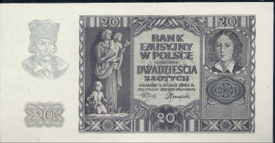 1940 r Banknot 20 zł bez serii i numeru. UNC
