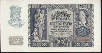 1940 r Banknot 20 zł Seria N 0328470 UNC