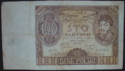 100 zł &ndash; 2 czerwca 1932 r. Ser. AA. 0130242 stan III