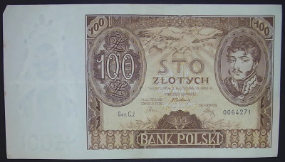 100 złotych 9 listopada 1934. Seria: C.J. 0064271